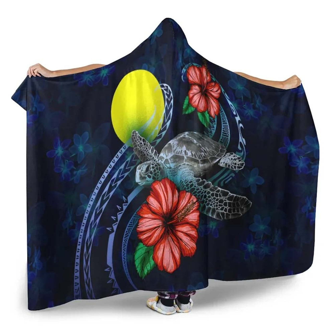 Palau Polynesian Hooded Blanket - Blue Turtle Hibiscus 2