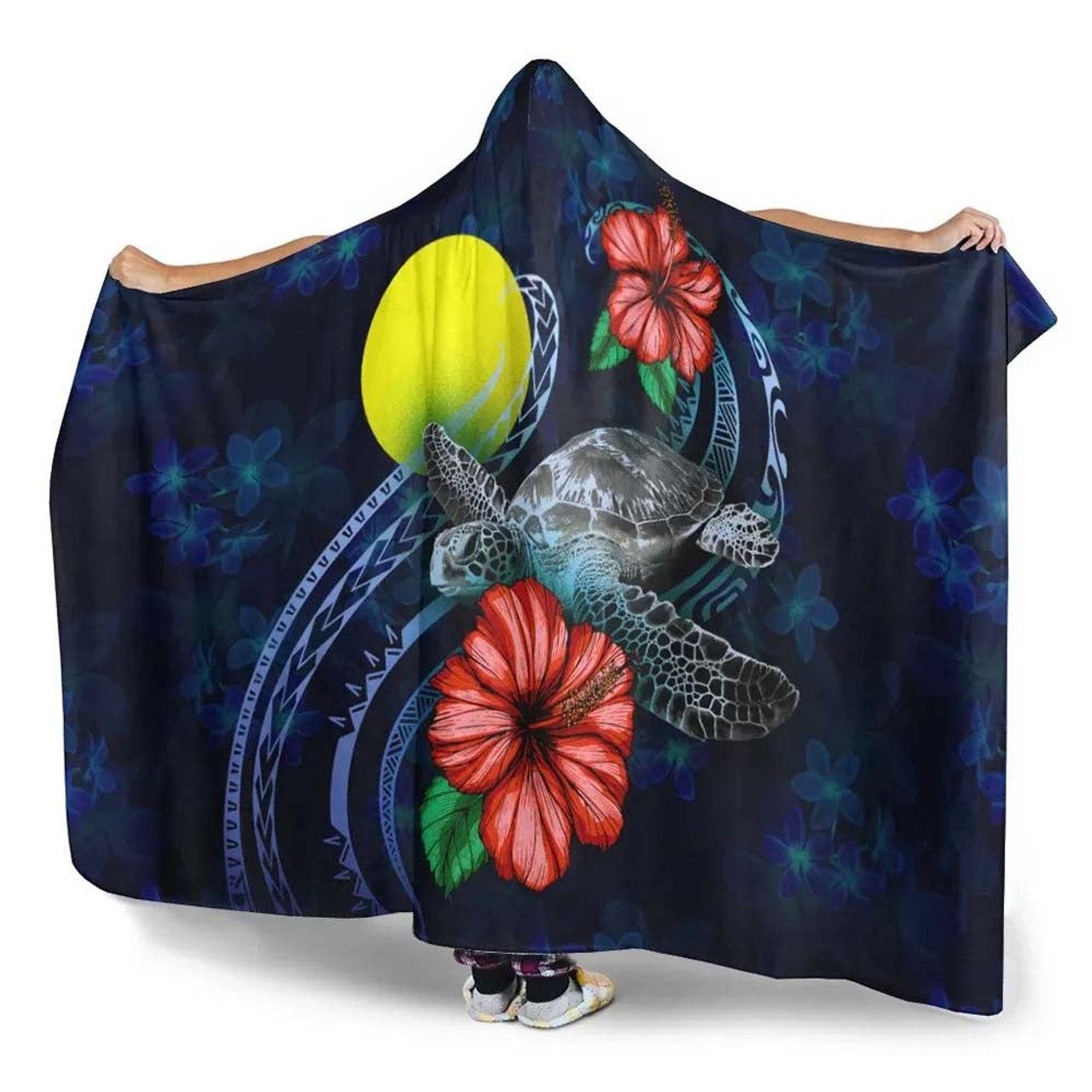 Palau Polynesian Hooded Blanket - Blue Turtle Hibiscus 3