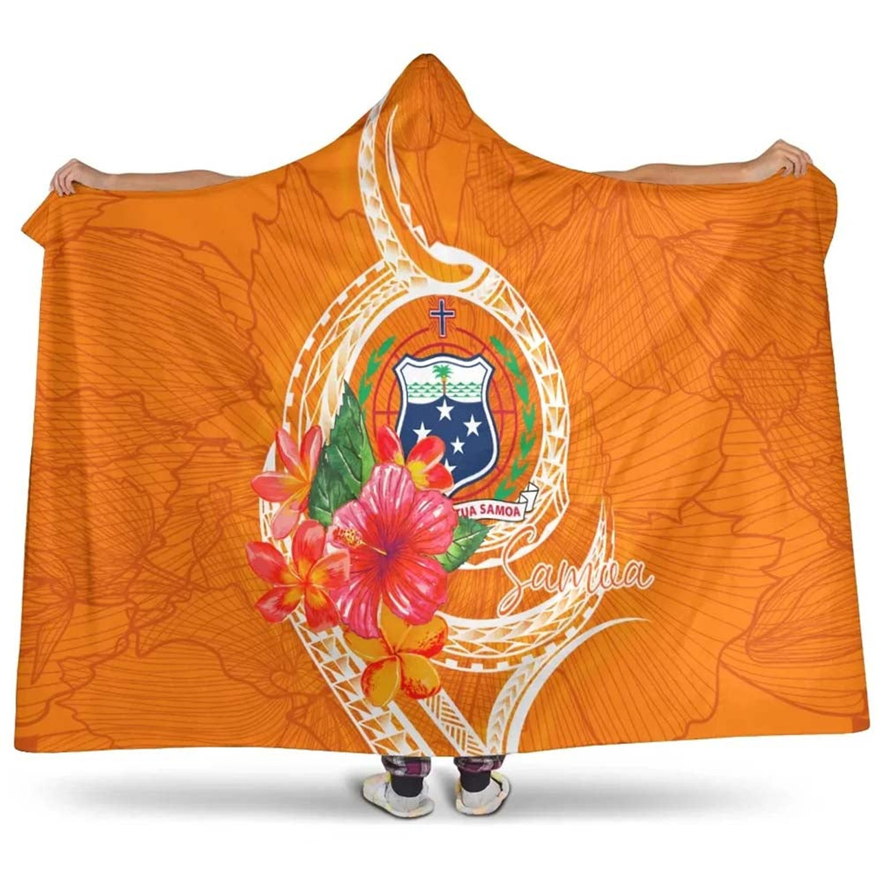 Samoa Polynesian Hooded Blanket - Orange Floral With Seal 1