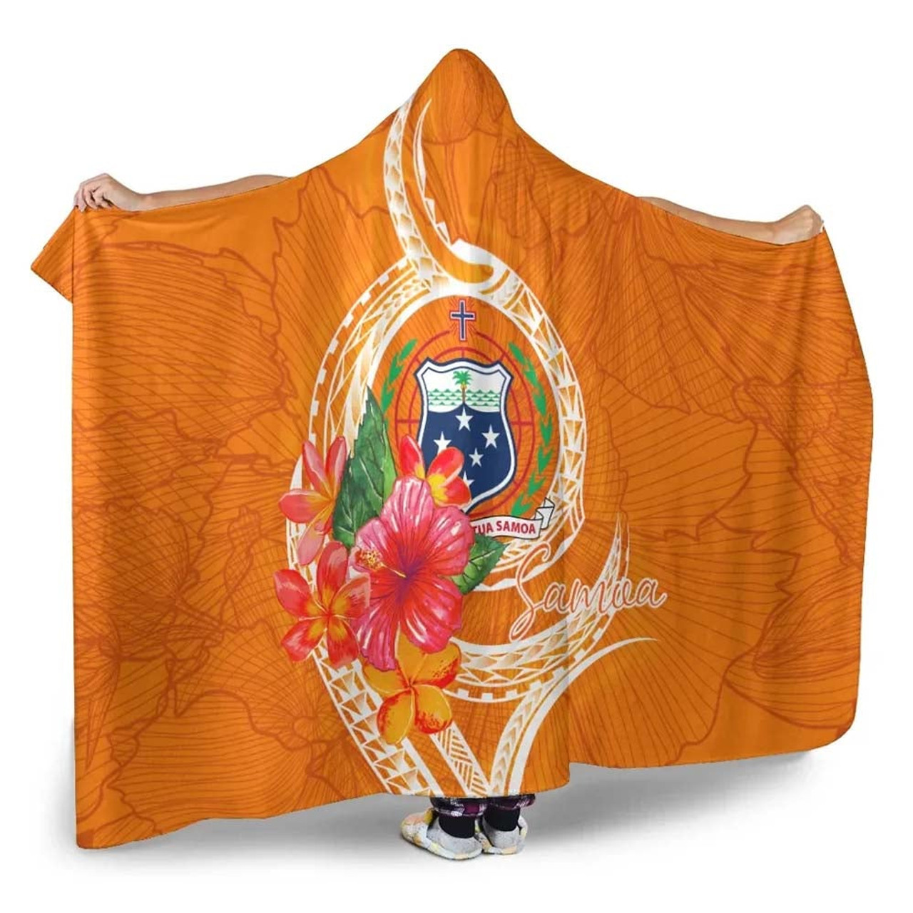 Samoa Polynesian Hooded Blanket - Orange Floral With Seal 3