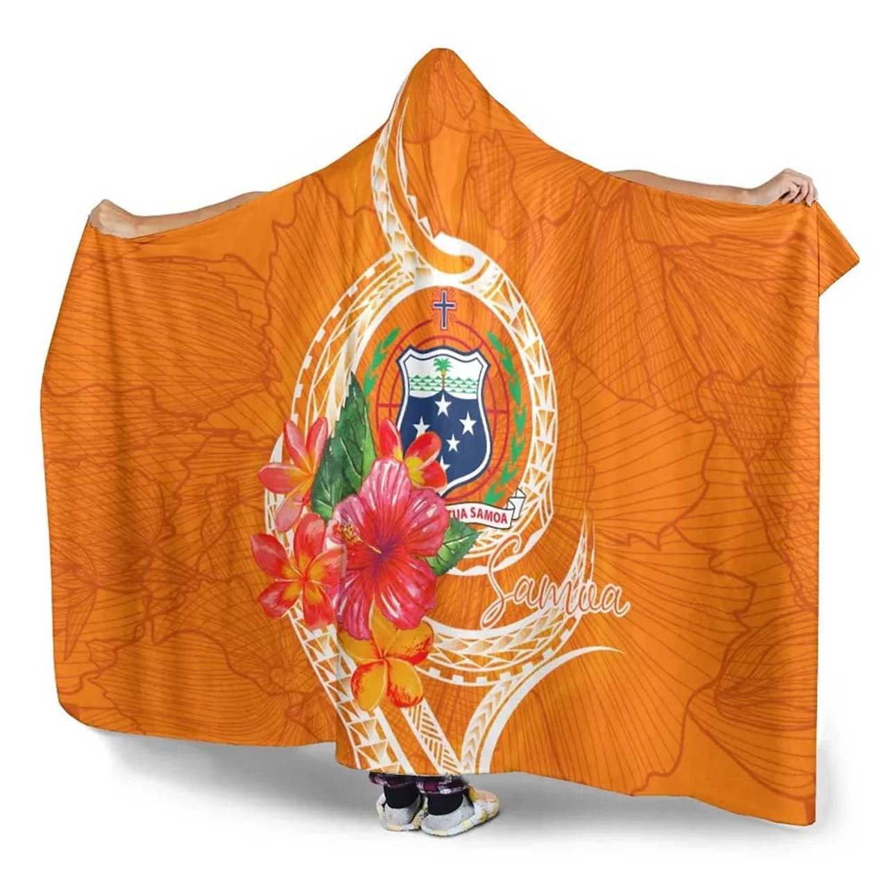 Samoa Polynesian Hooded Blanket - Orange Floral With Seal 4