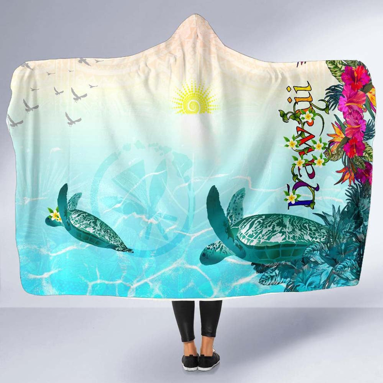 Polynesian Hawaii Hooded Blankets - View sea Hawaii with Turtle and Whale 5