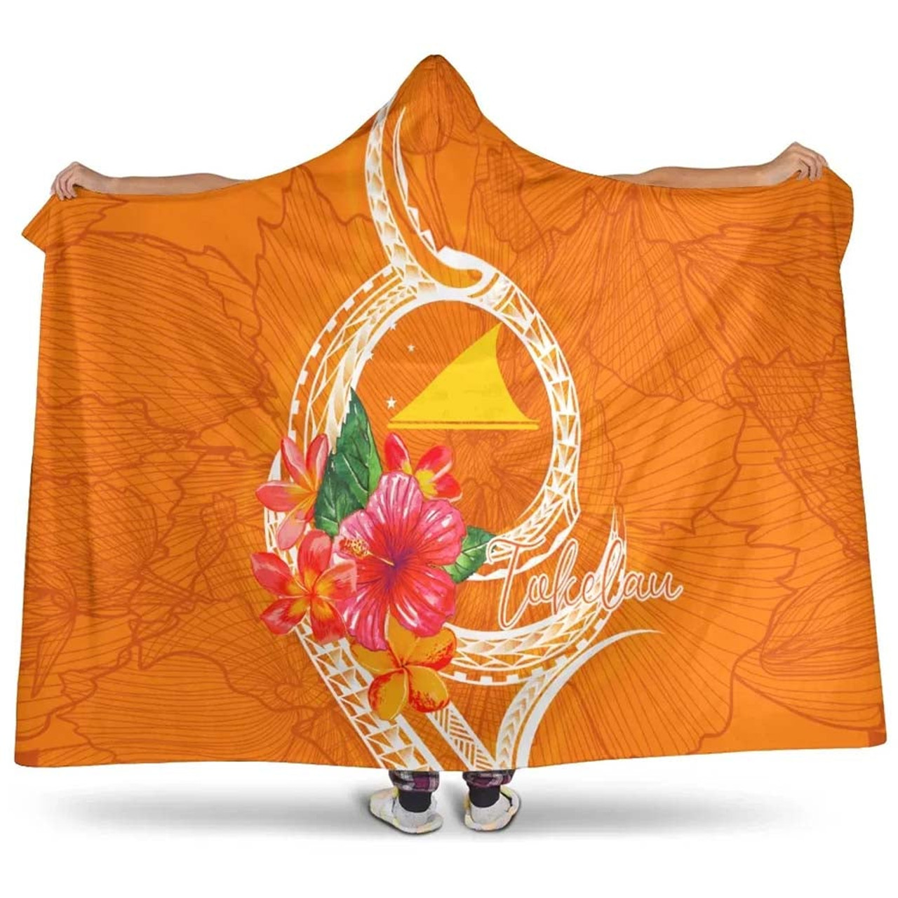 Tokelau Polynesian Hooded Blanket - Orange Floral With Seal 1