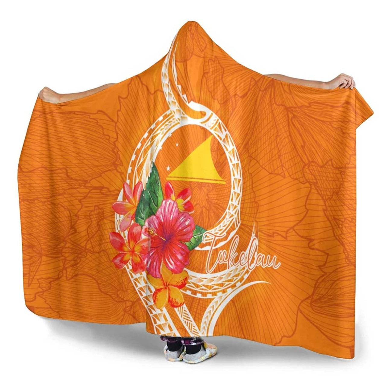 Tokelau Polynesian Hooded Blanket - Orange Floral With Seal 4