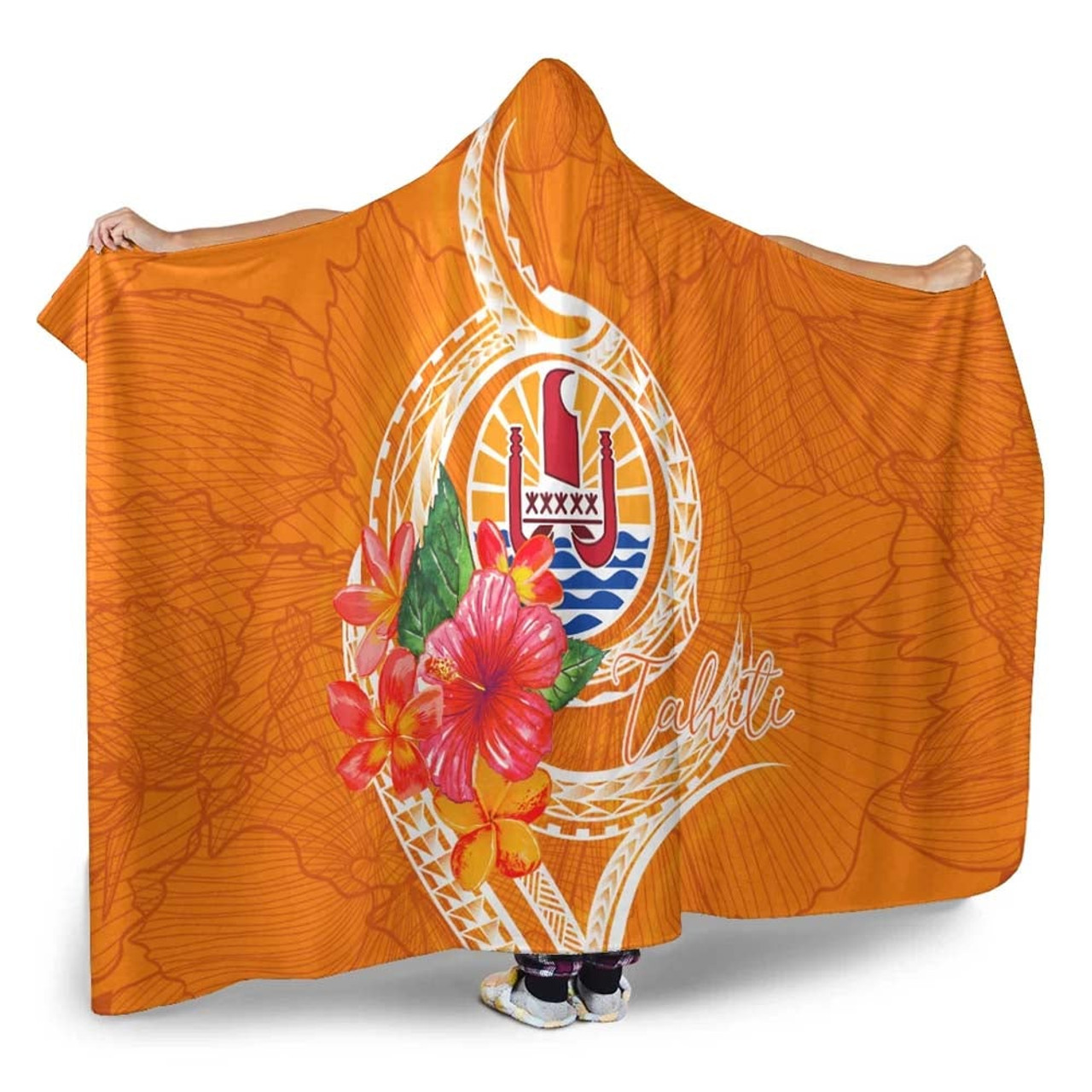 Tahiti Polynesian Hooded Blanket - Orange Floral With Seal 3
