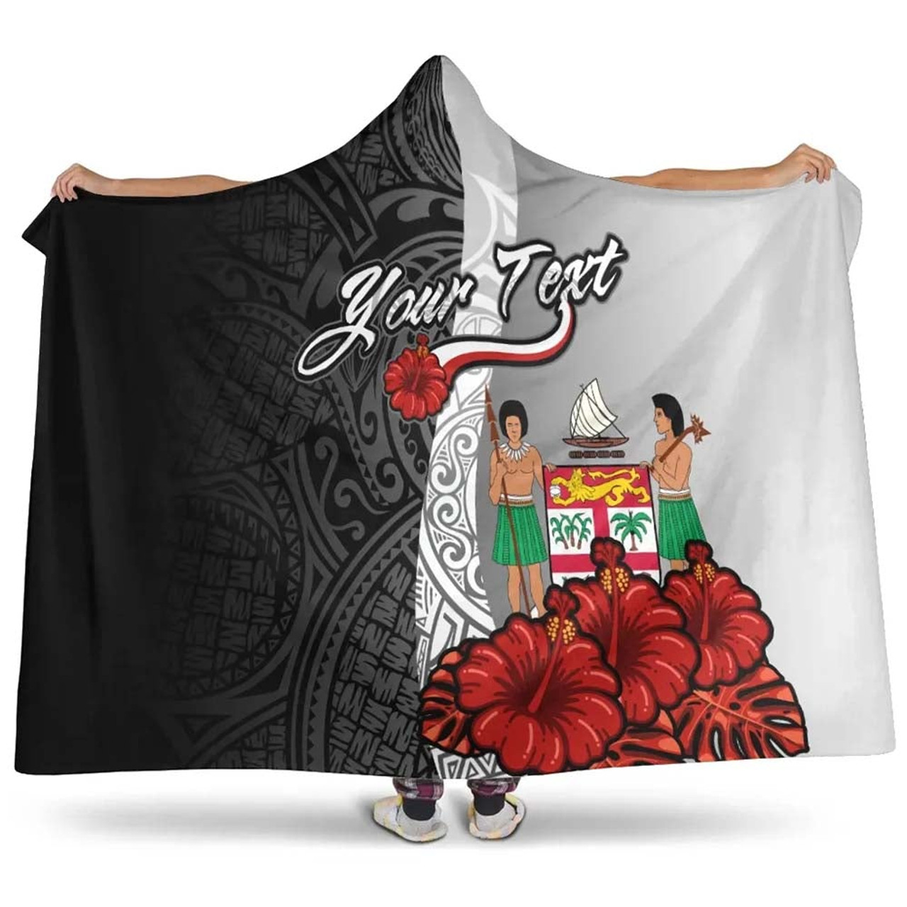 Fiji Polynesian Custom Personalised Hooded Blanket- Coat Of Arm With Hibiscus White 1