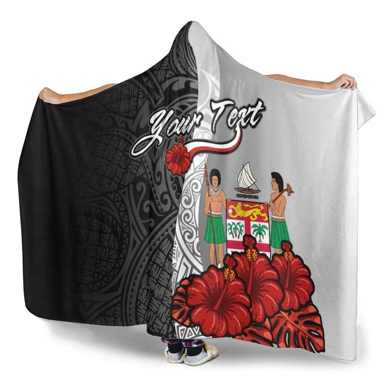 Fiji Polynesian Custom Personalised Hooded Blanket- Coat Of Arm With Hibiscus White 3