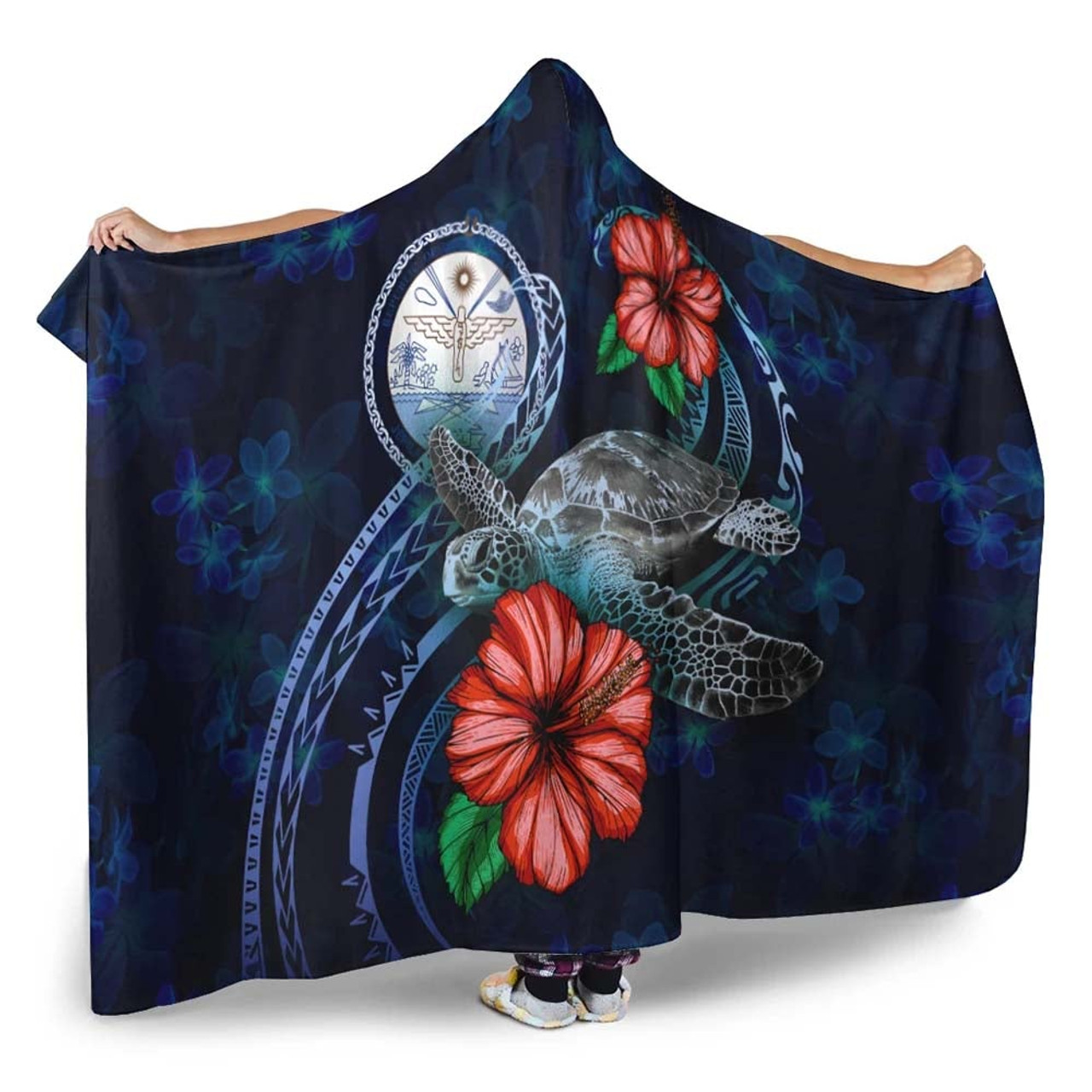 Marshall Islands Polynesian Hooded Blanket - Blue Turtle Hibiscus 2