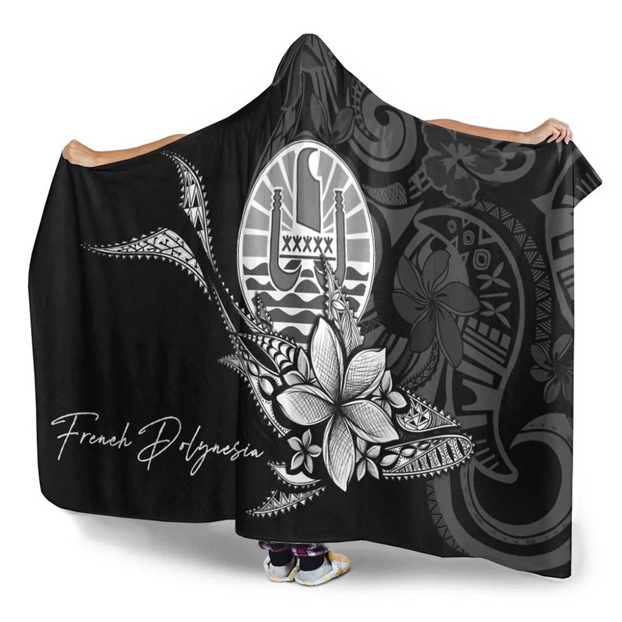 French Polynesia Hooded Blanket - Fish With Plumeria Flowers Style 3