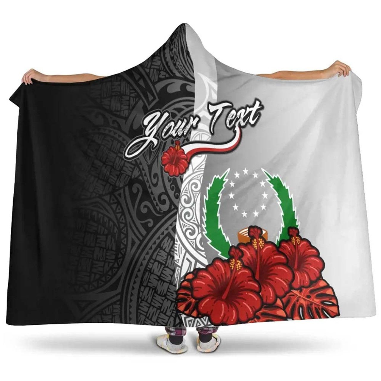Pohnpei Polynesian Custom Personalised Hooded Blanket- Coat Of Arm With Hibiscus White 1