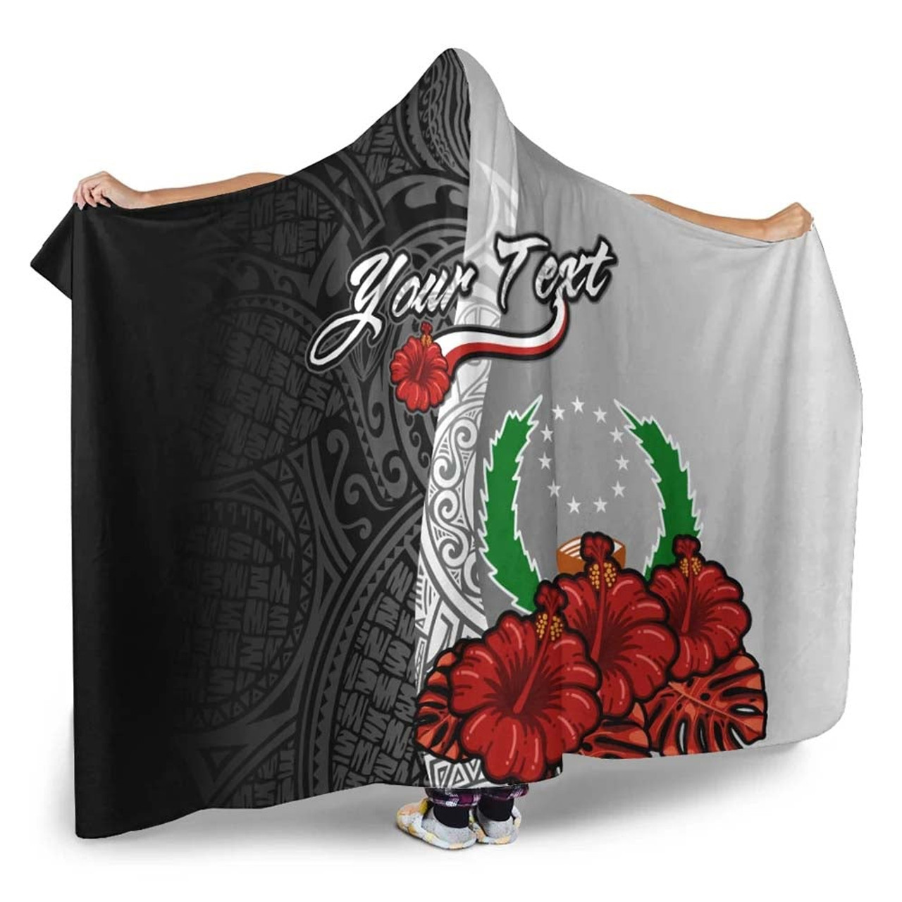 Pohnpei Polynesian Custom Personalised Hooded Blanket- Coat Of Arm With Hibiscus White 2
