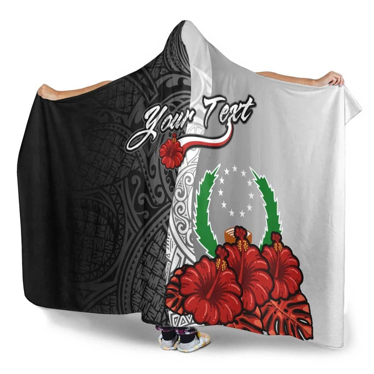 Pohnpei Polynesian Custom Personalised Hooded Blanket- Coat Of Arm With Hibiscus White 3