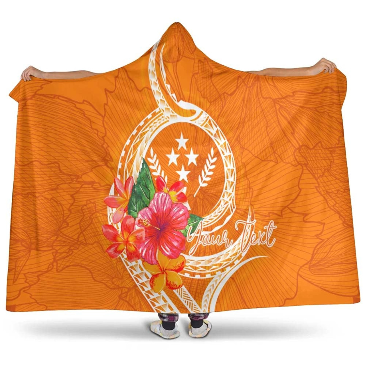 Kosrae Micronesia Custom Personalised Hooded Blanket - Orange Floral With Seal 1