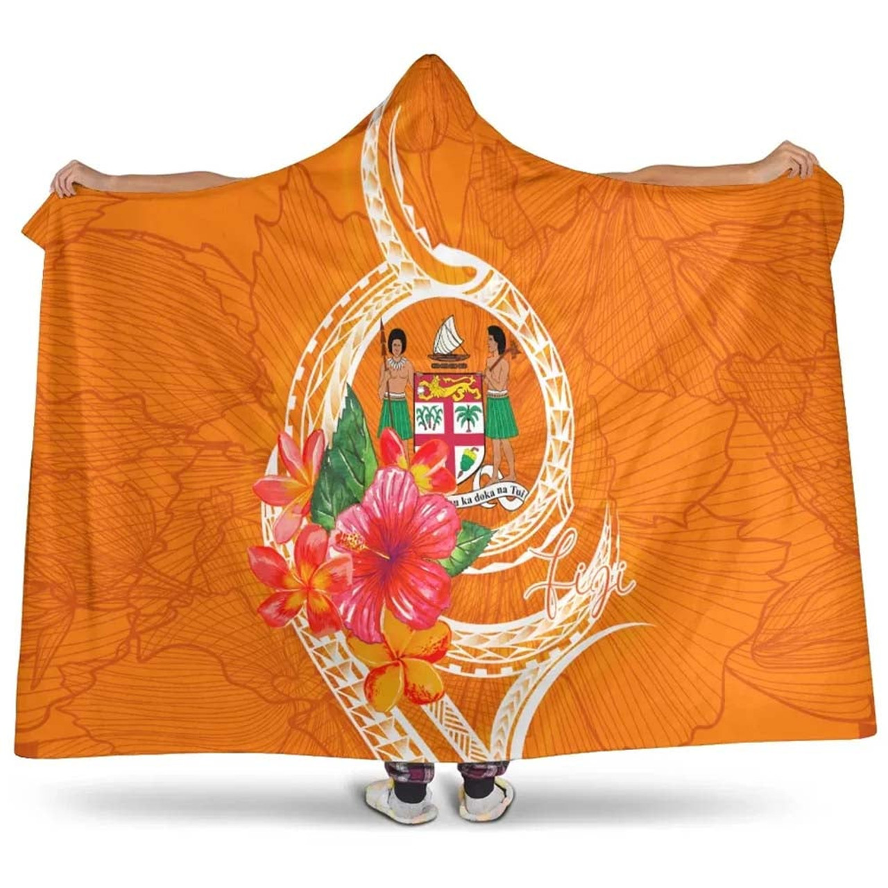 Fiji Polynesian Hooded Blanket - Orange Floral With Seal 1