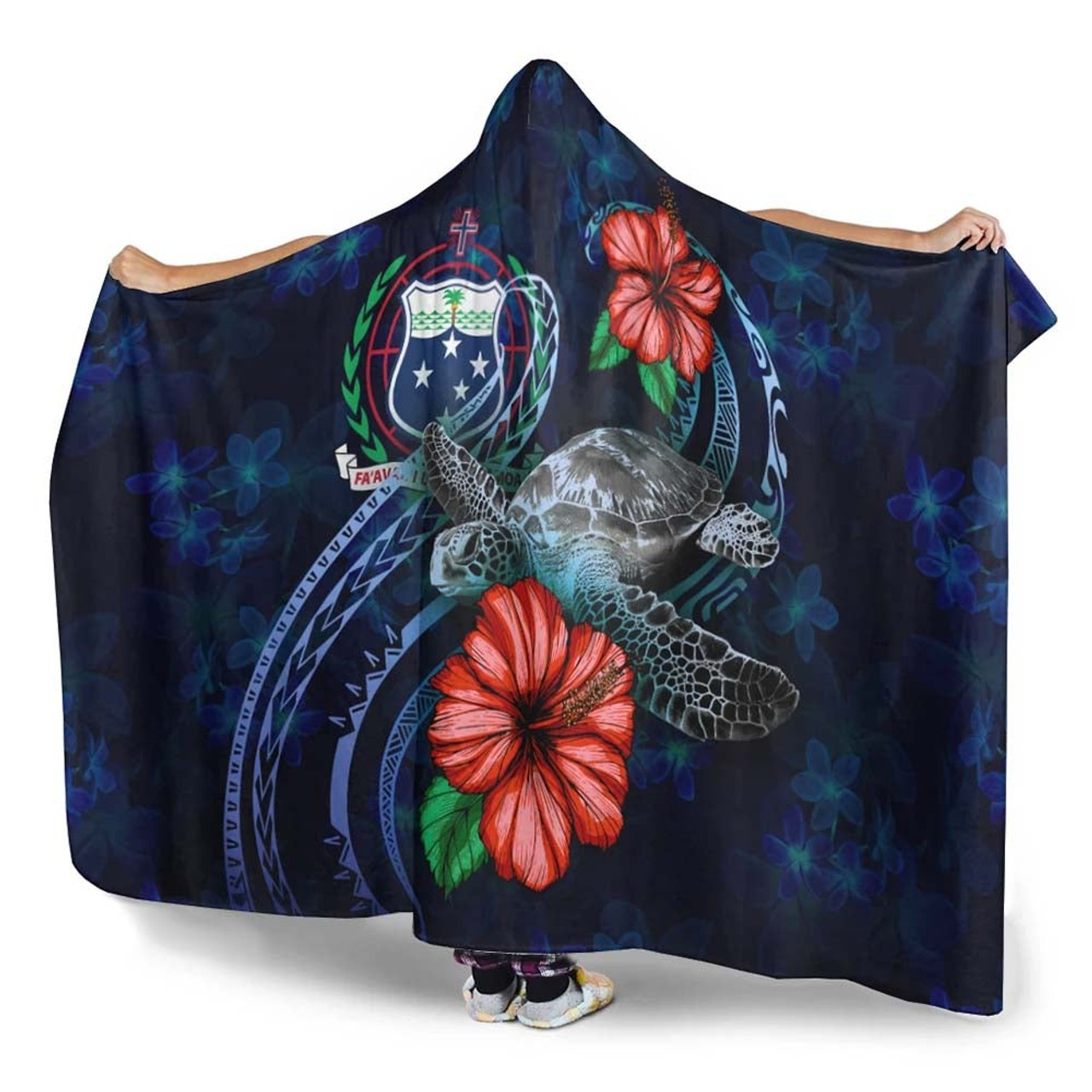 Samoa Polynesian Hooded Blanket - Blue Turtle Hibiscus 3