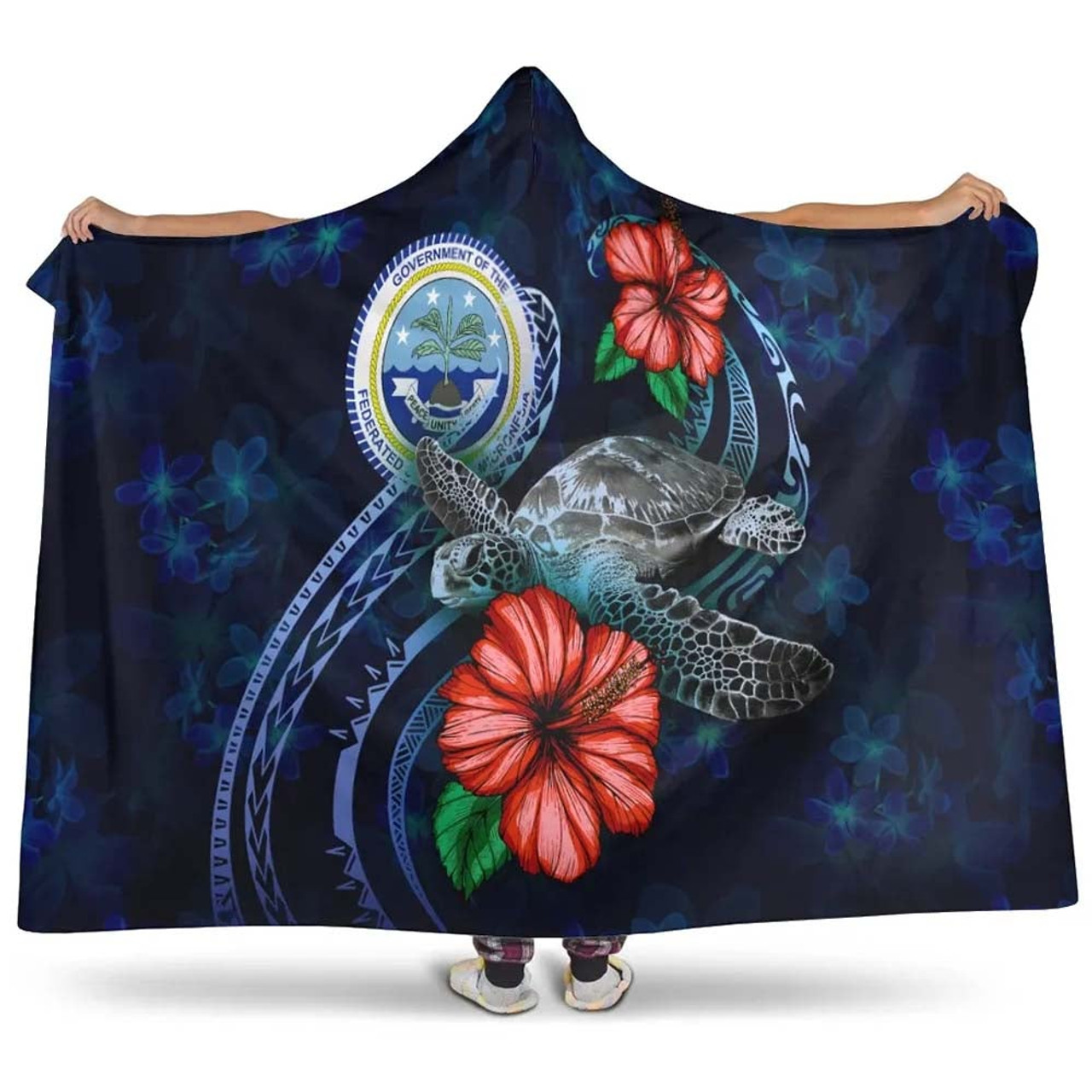 Federated States Of Micronesia Polynesian Hooded Blanket - Blue Turtle Hibiscus 1