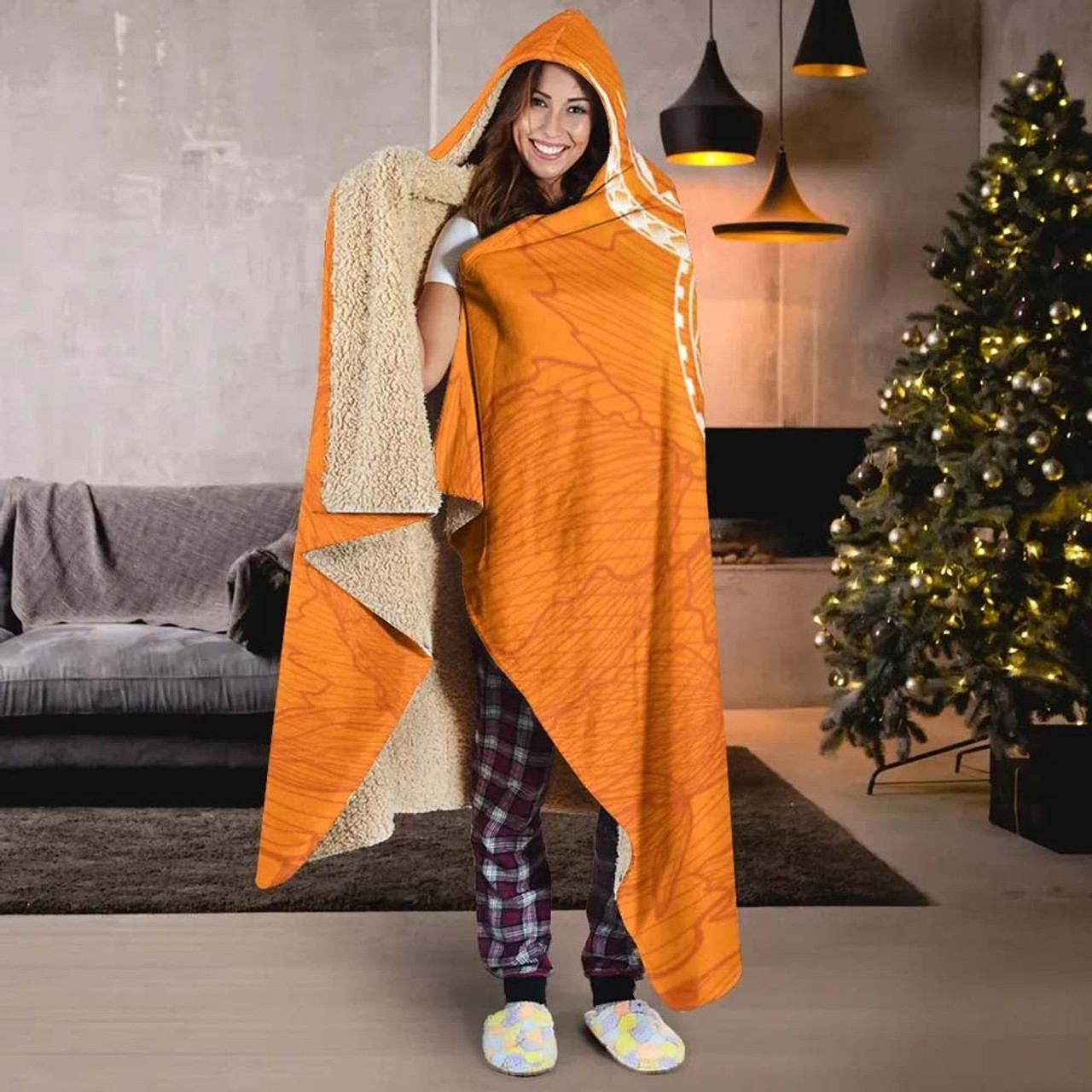 Tonga Polynesian Hooded Blanket - Orange Floral With Seal 2