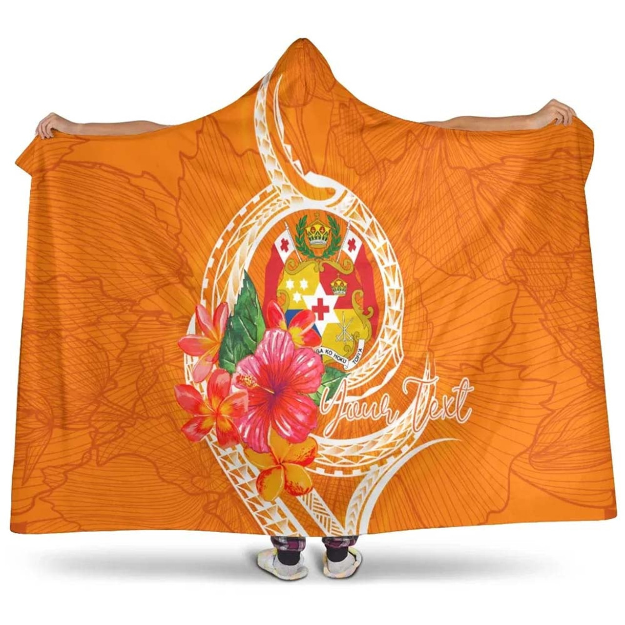 Tonga Polynesian Custom Personalised Hooded Blanket - Orange Floral With Seal 1