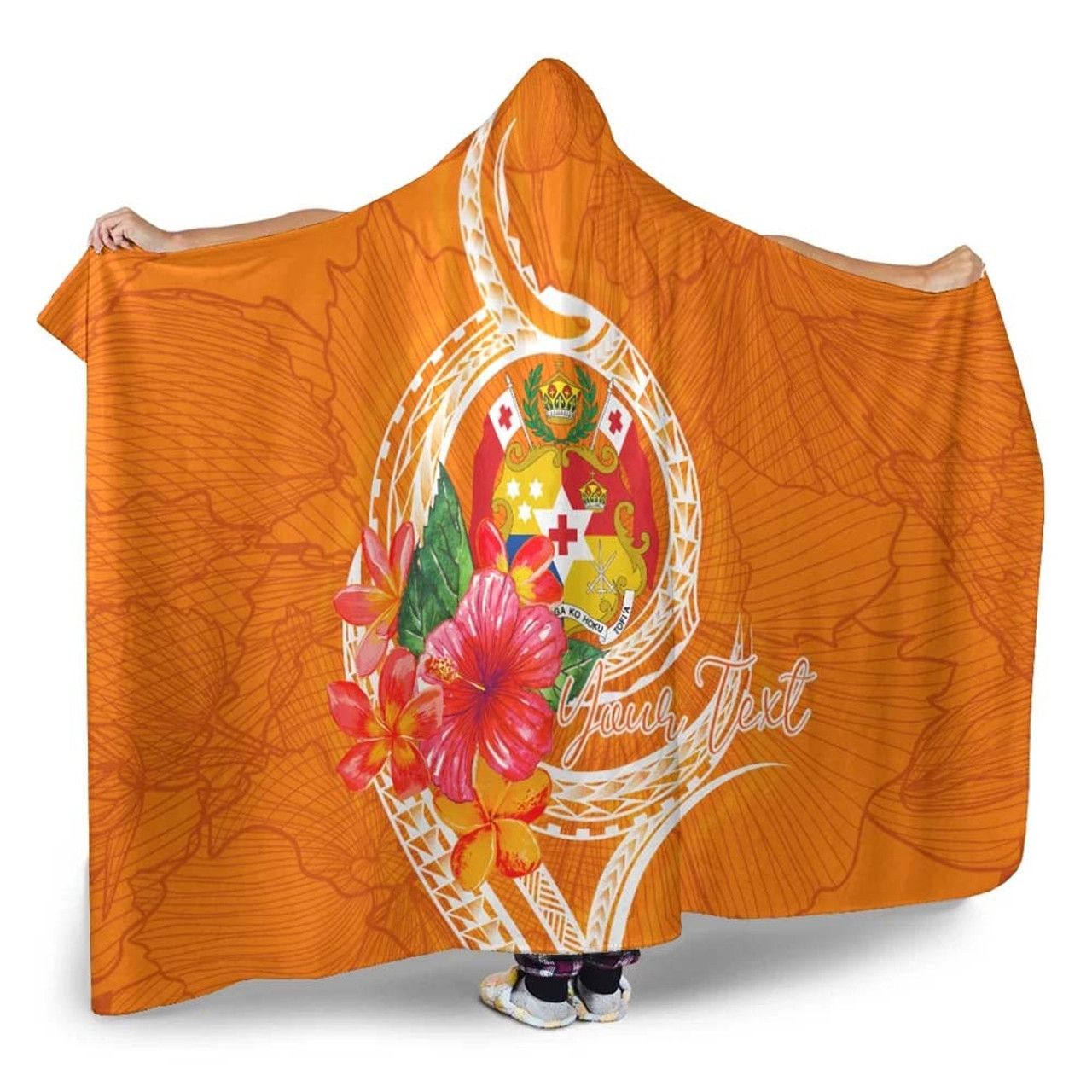 Tonga Polynesian Custom Personalised Hooded Blanket - Orange Floral With Seal 3
