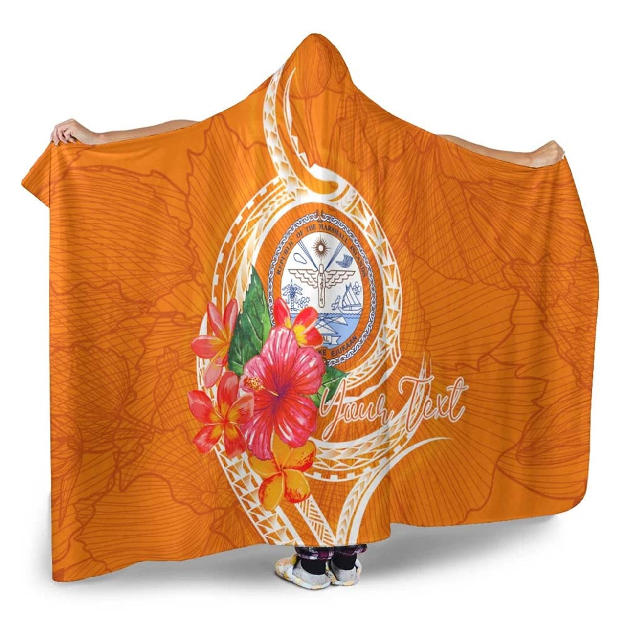 Marshall Islands Polynesian Custom Personalised Hooded Blanket - Orange Floral With Seal 3