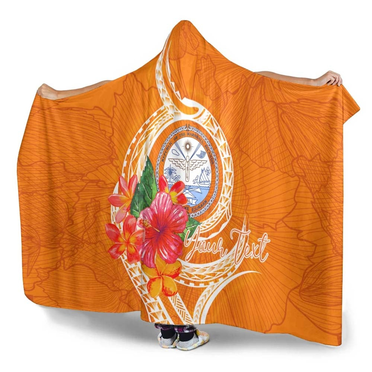Marshall Islands Polynesian Custom Personalised Hooded Blanket - Orange Floral With Seal 4