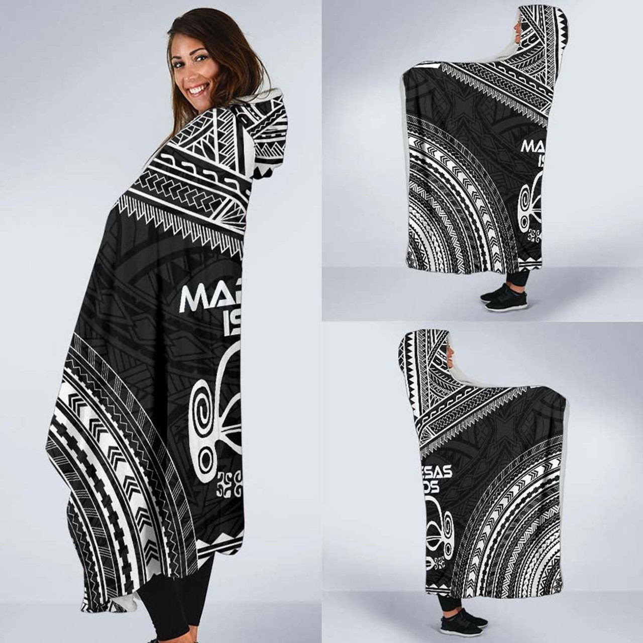 Marquesas Islands Polynesian Chief Hooded Blanket - Black Version 2