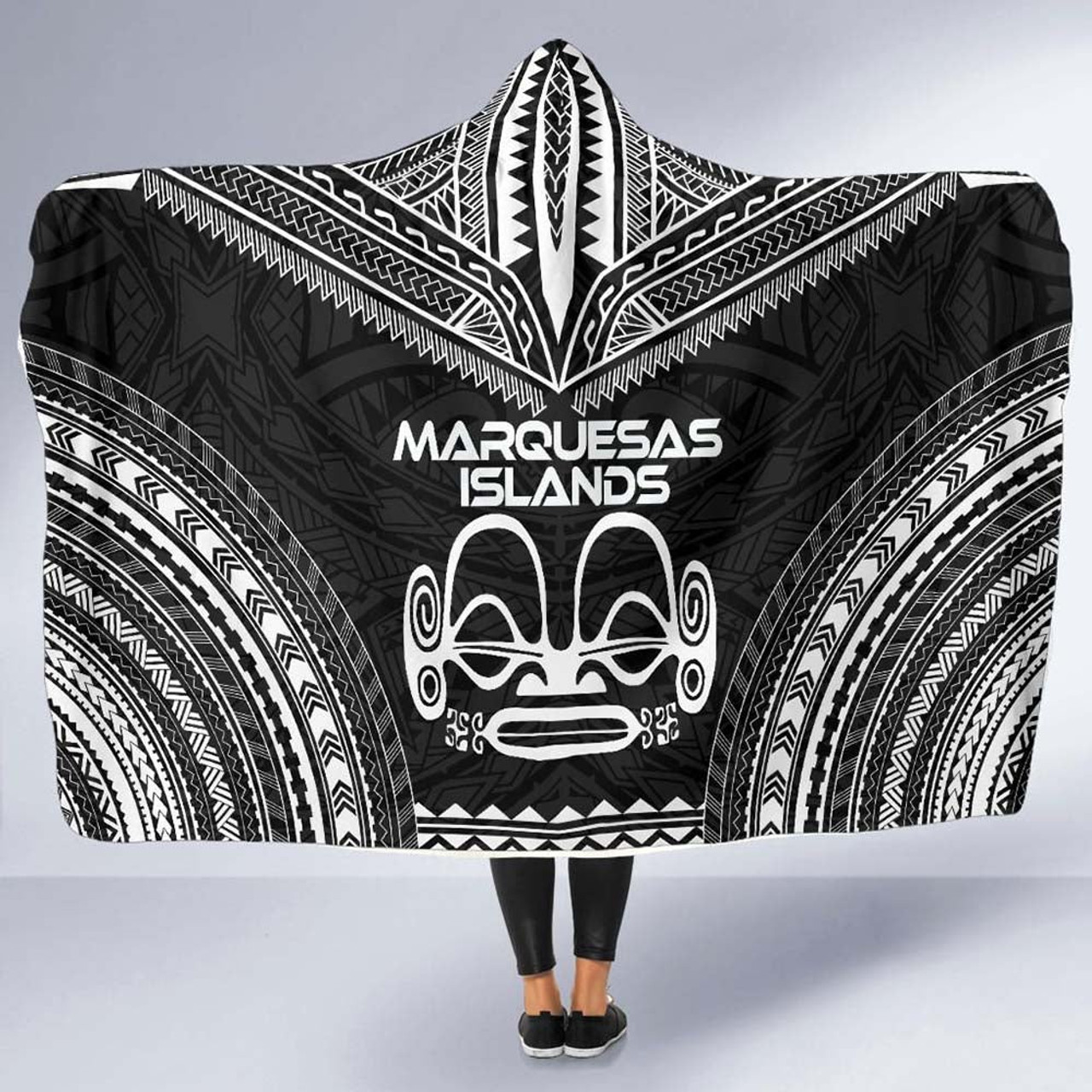 Marquesas Islands Polynesian Chief Hooded Blanket - Black Version 5