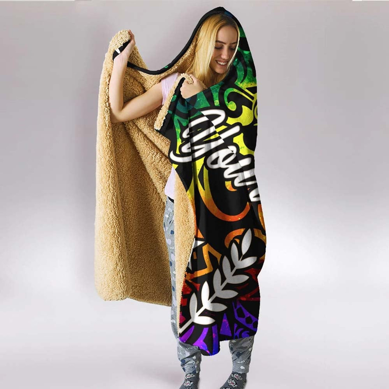 Kosrae Custom Personalised Hooded Blanket - Rainbow Polynesian Pattern 3
