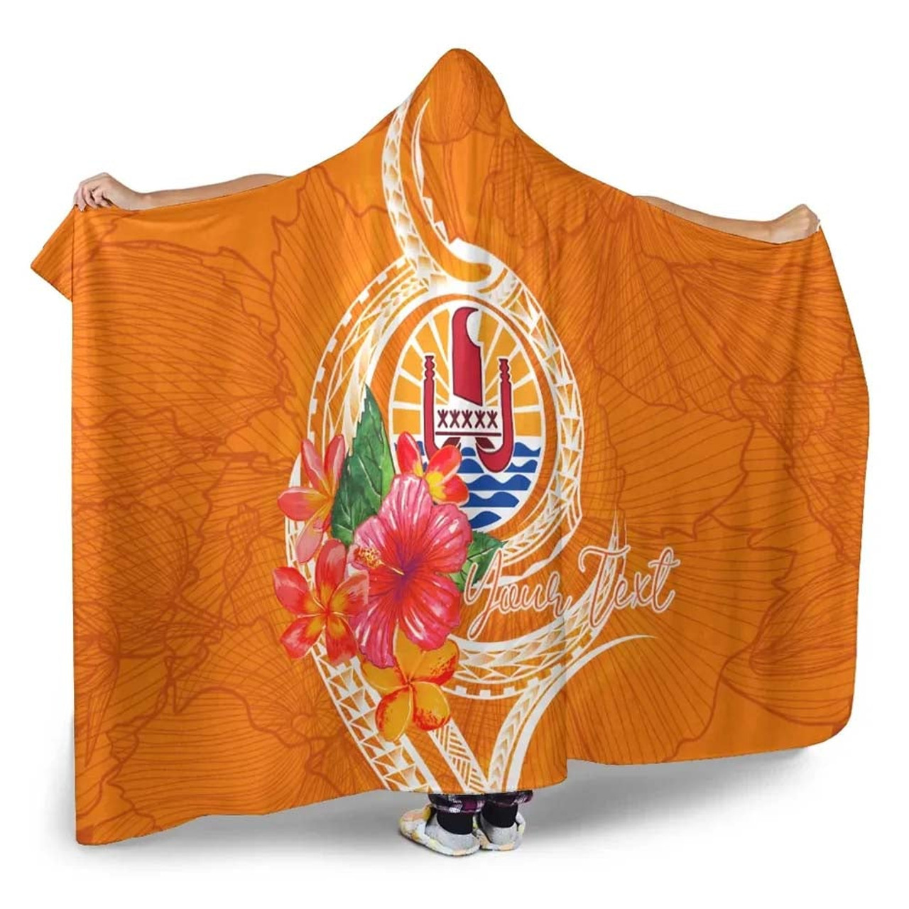 Tahiti Polynesian Custom Personalised Hooded Blanket - Orange Floral With Seal 3