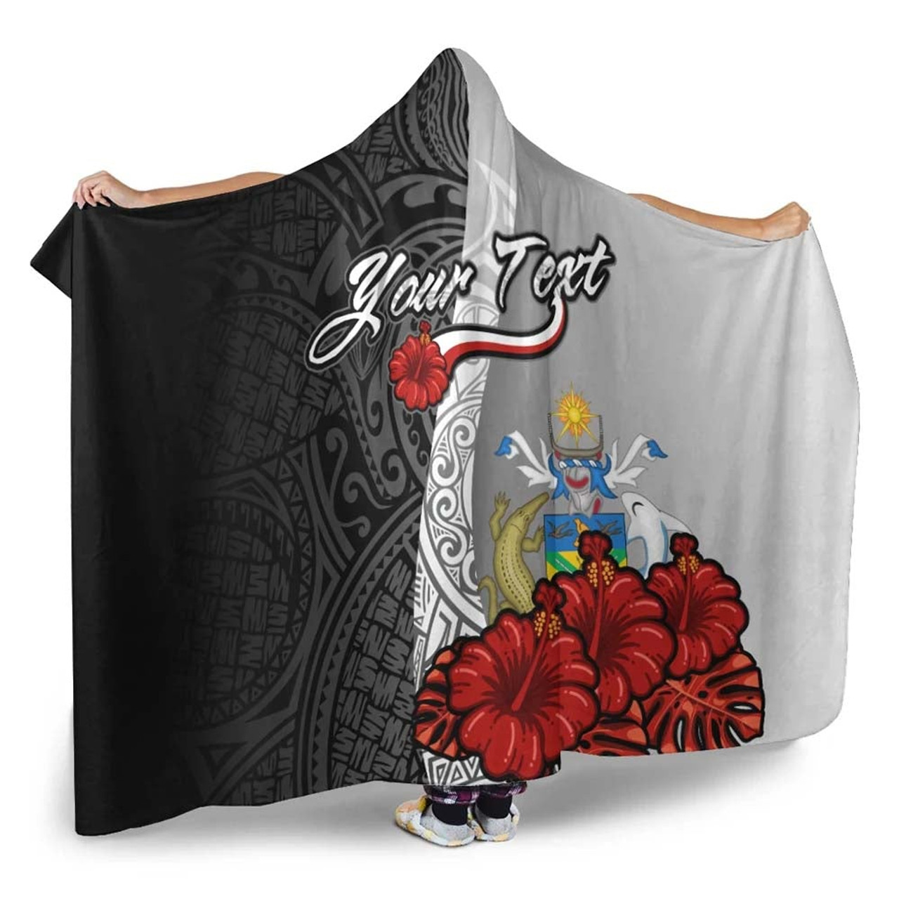 Solomon Islands Polynesian Custom Personalised Hooded Blanket- Coat Of Arm With Hibiscus White 2