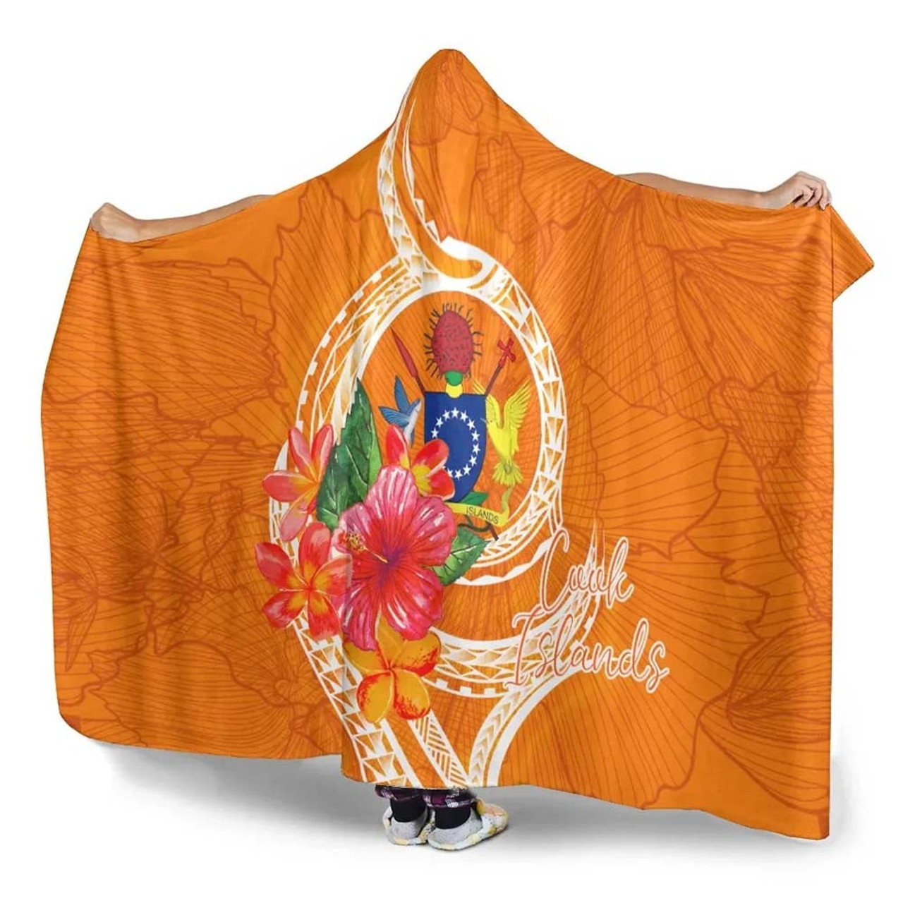 Cook Islands Polynesian Hooded Blanket - Orange Floral With Seal 4