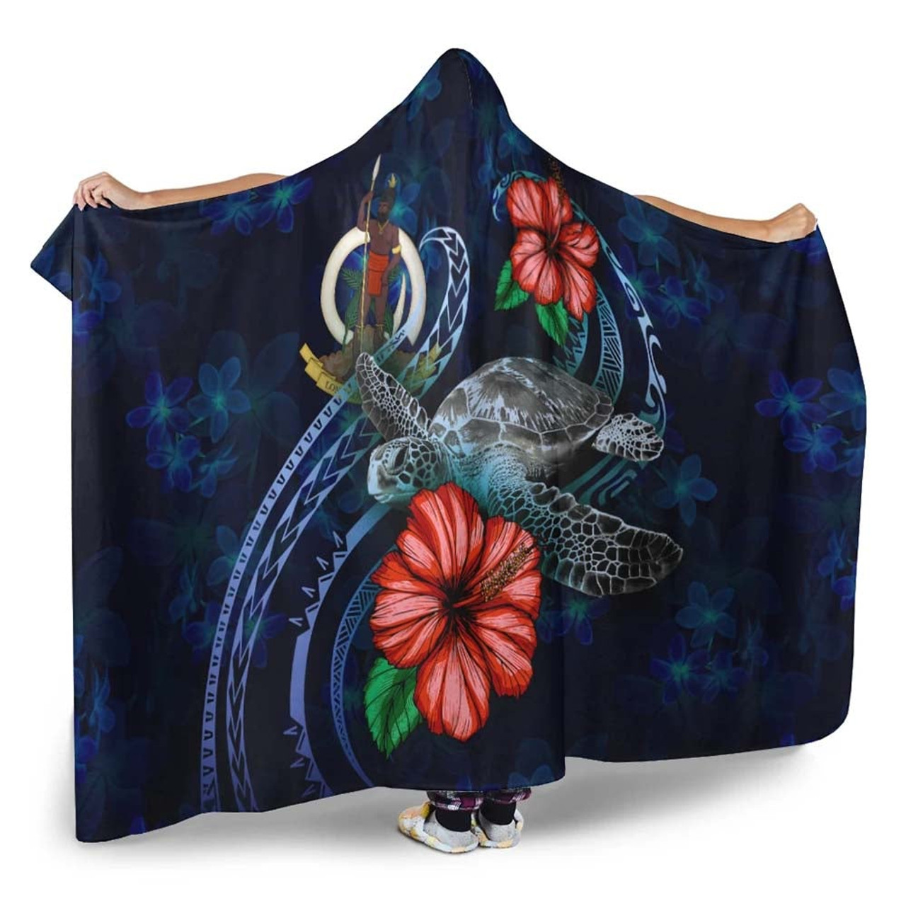 Vanuatu Polynesian Hooded Blanket - Blue Turtle Hibiscus 2