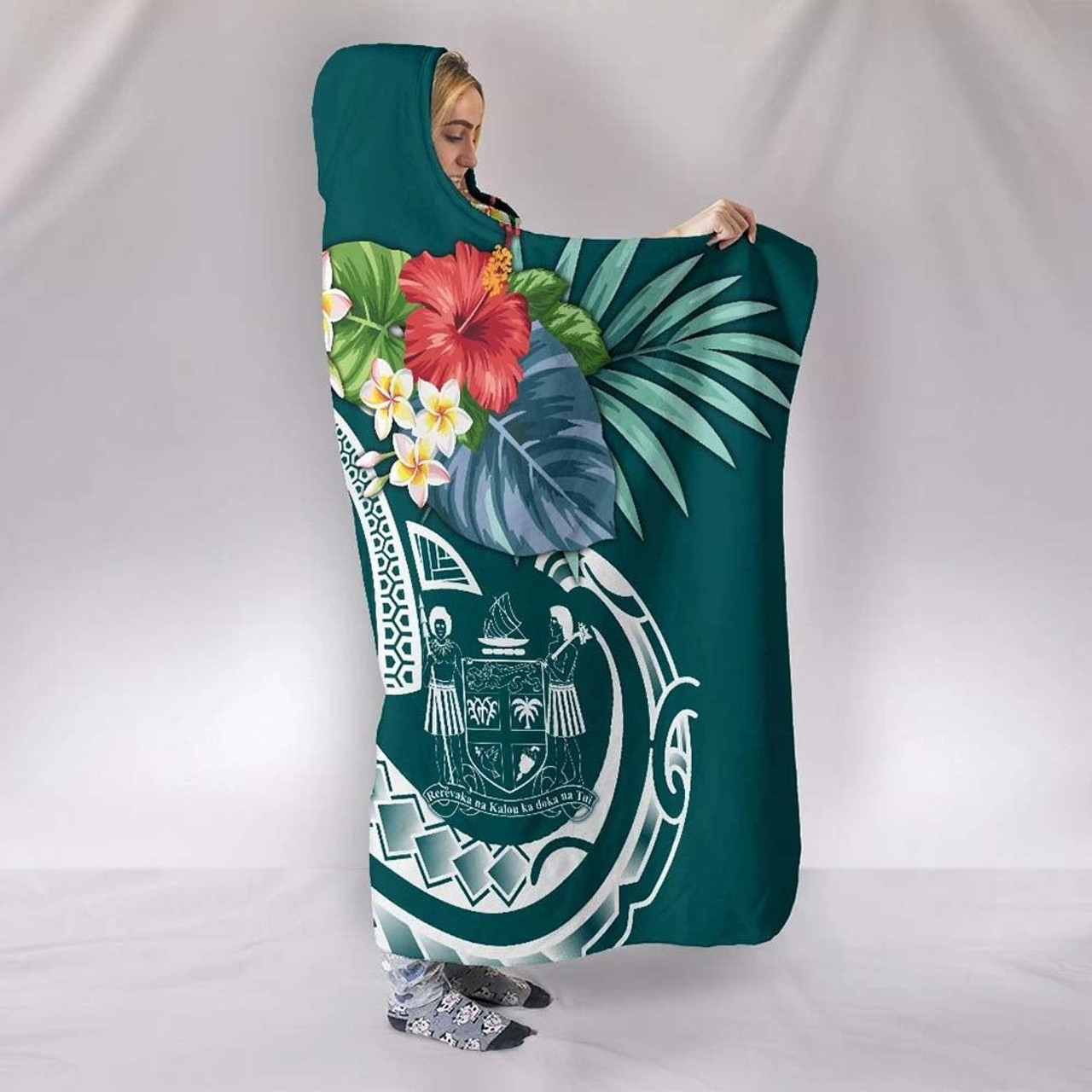 Fiji Polynesian Hooded Blanket - Summer Plumeria (Turquoise) 2