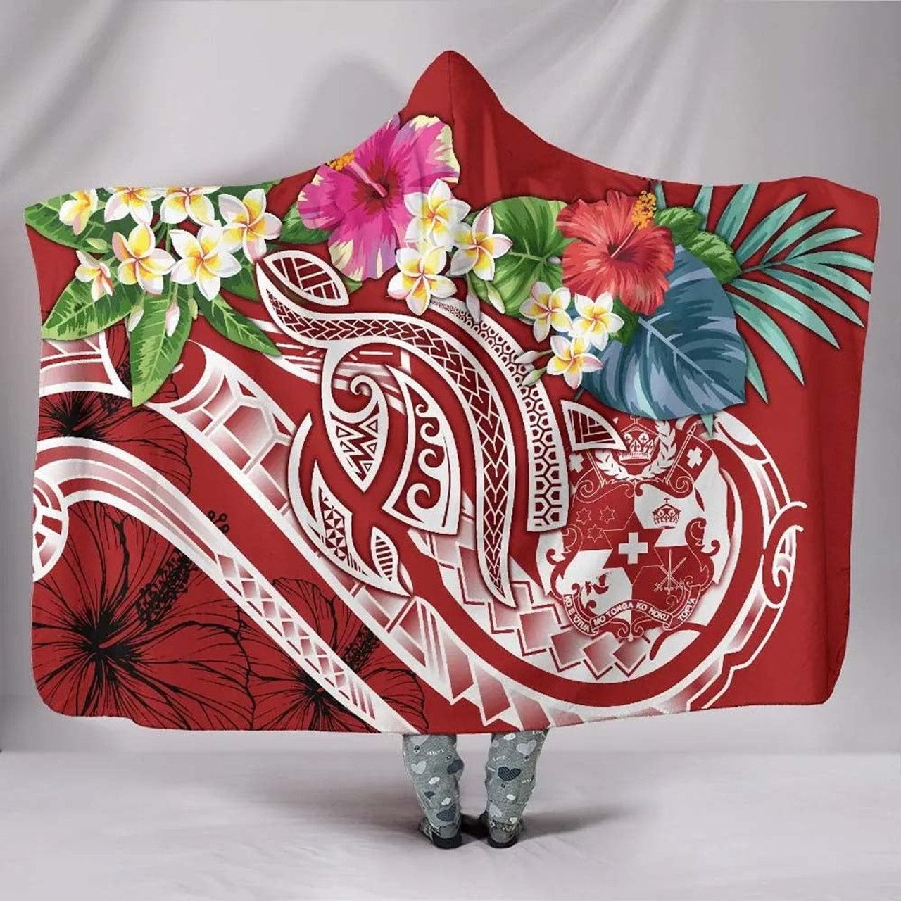 Tonga Polynesian Hooded Blanket - Summer Plumeria (Red) 1