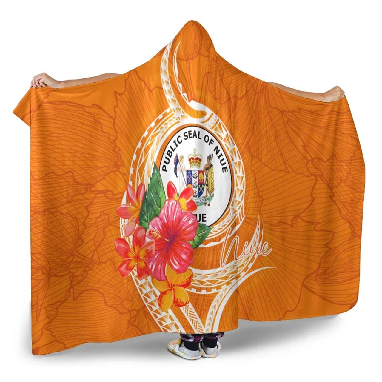 Niue Polynesian Hooded Blanket - Orange Floral With Seal 3