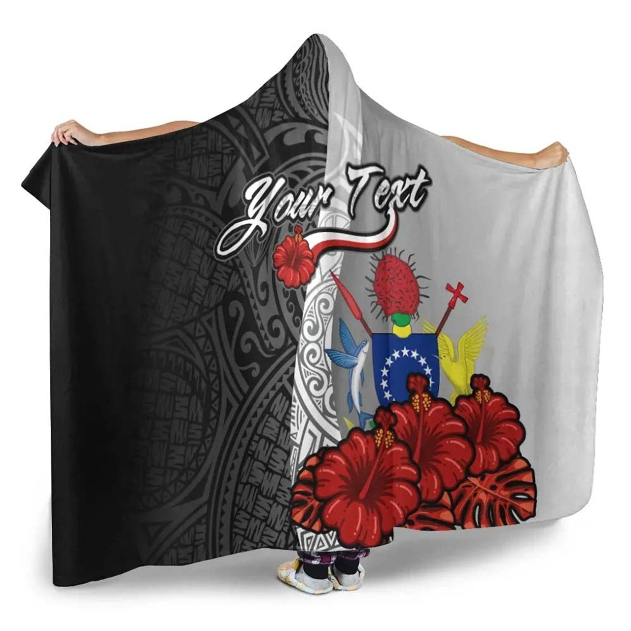 Cook Islands Polynesian Custom Personalised Hooded Blanket- Coat Of Arm With Hibiscus White 2