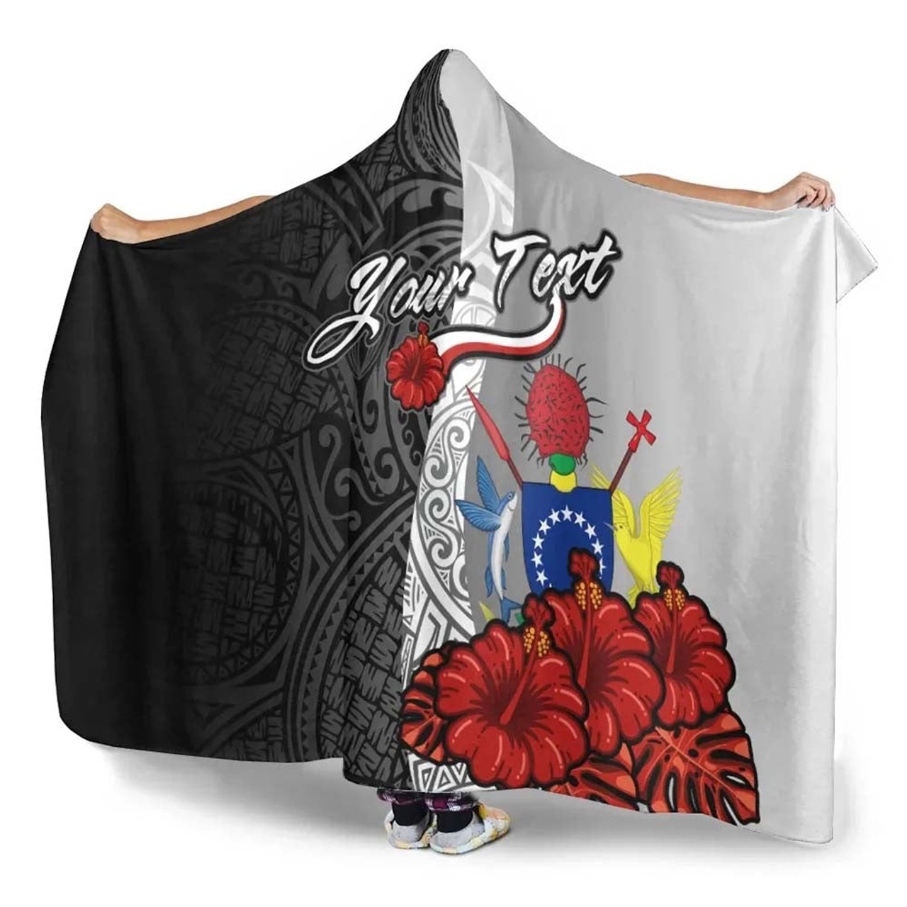 Cook Islands Polynesian Custom Personalised Hooded Blanket- Coat Of Arm With Hibiscus White 3