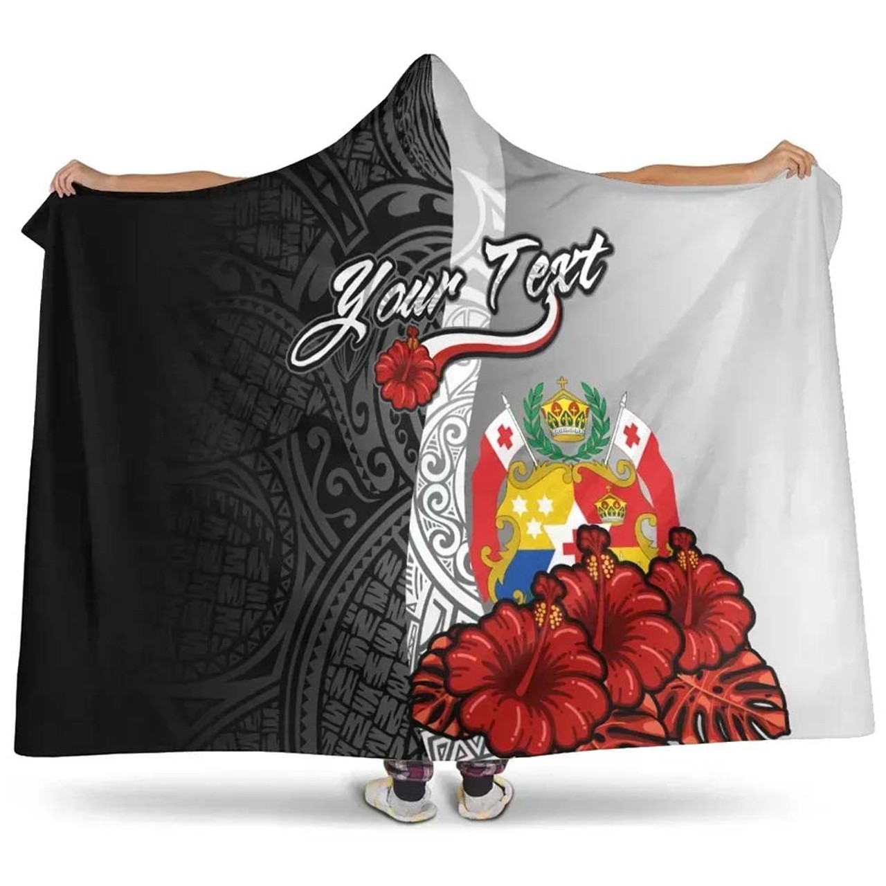 Tonga Polynesian Custom Personalised Hooded Blanket- Coat Of Arm With Hibiscus White 1