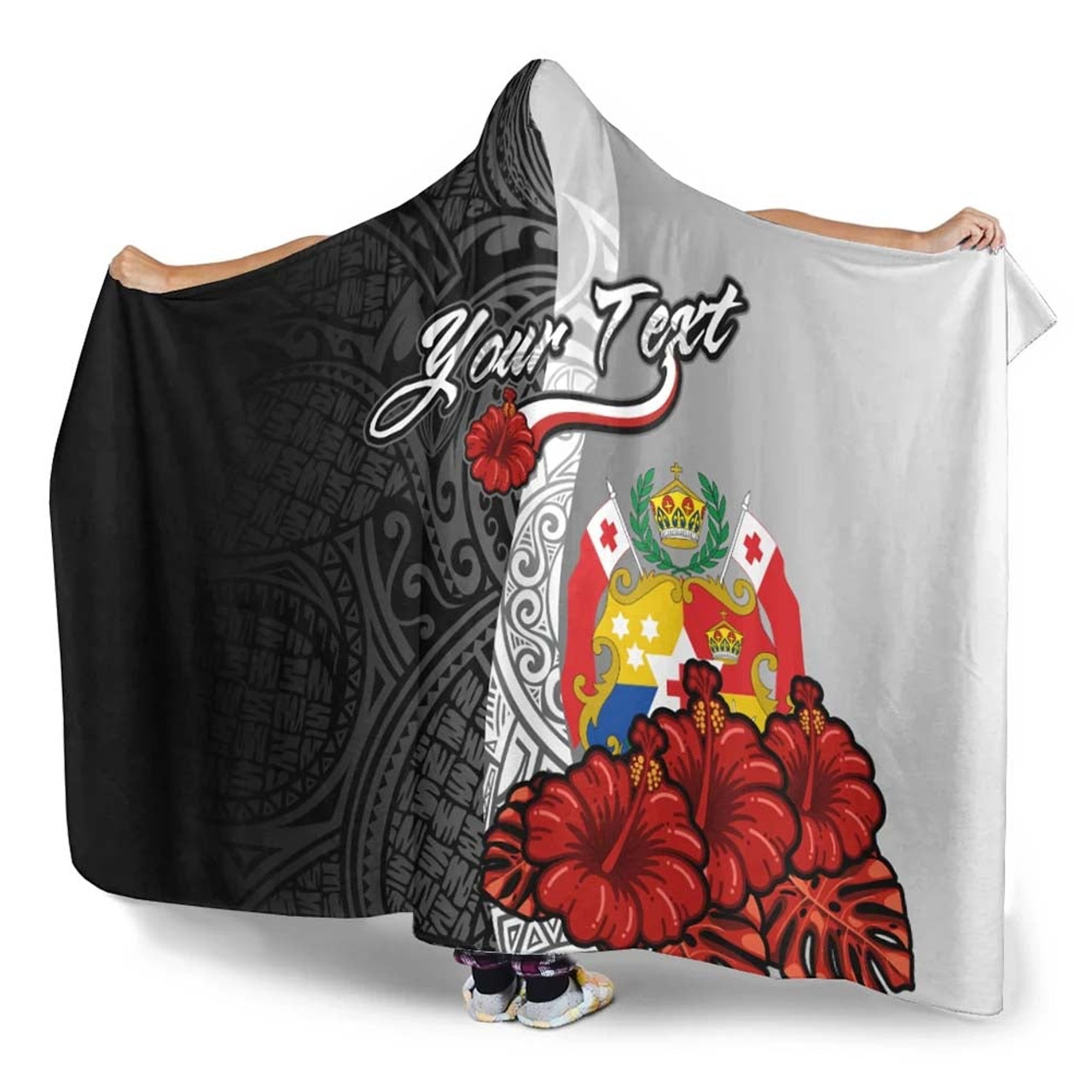 Tonga Polynesian Custom Personalised Hooded Blanket- Coat Of Arm With Hibiscus White 3