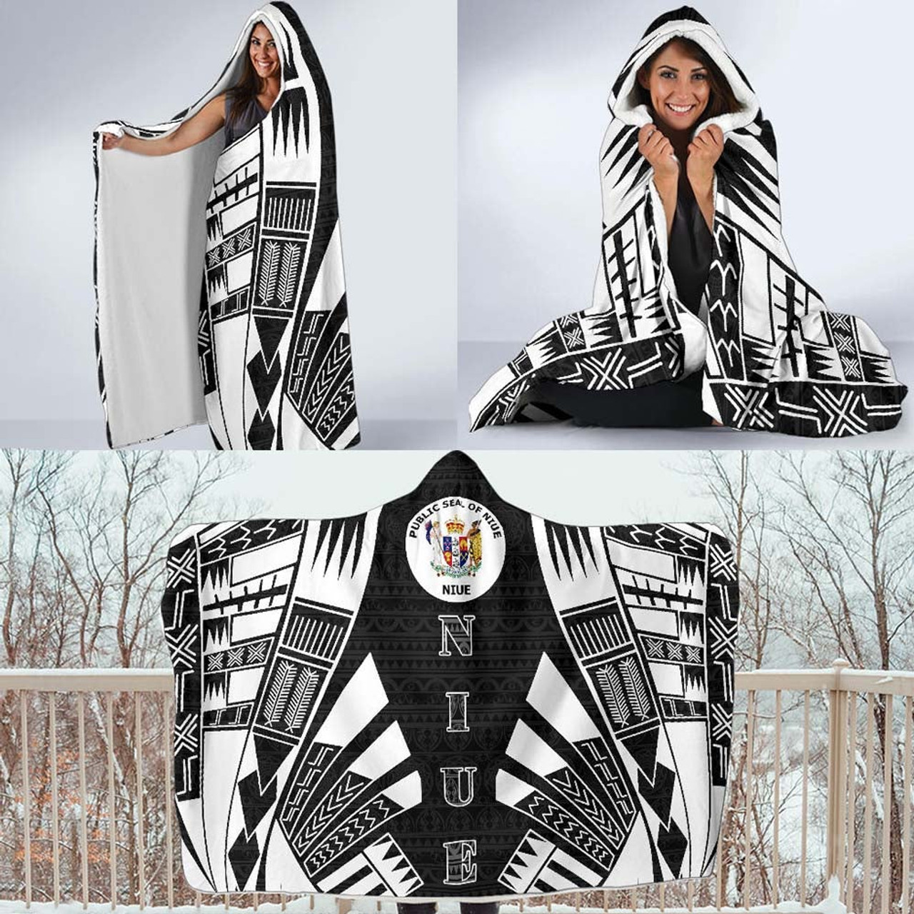 Niue Hooded Blanket - Polynesian Tattoo Black 4