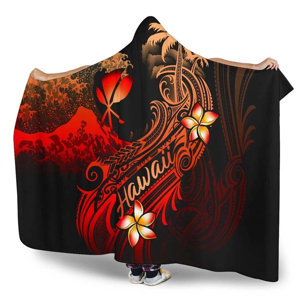 Hawaii Polynesian Hooded Blanket - Plumeria Flowers And Waves 4