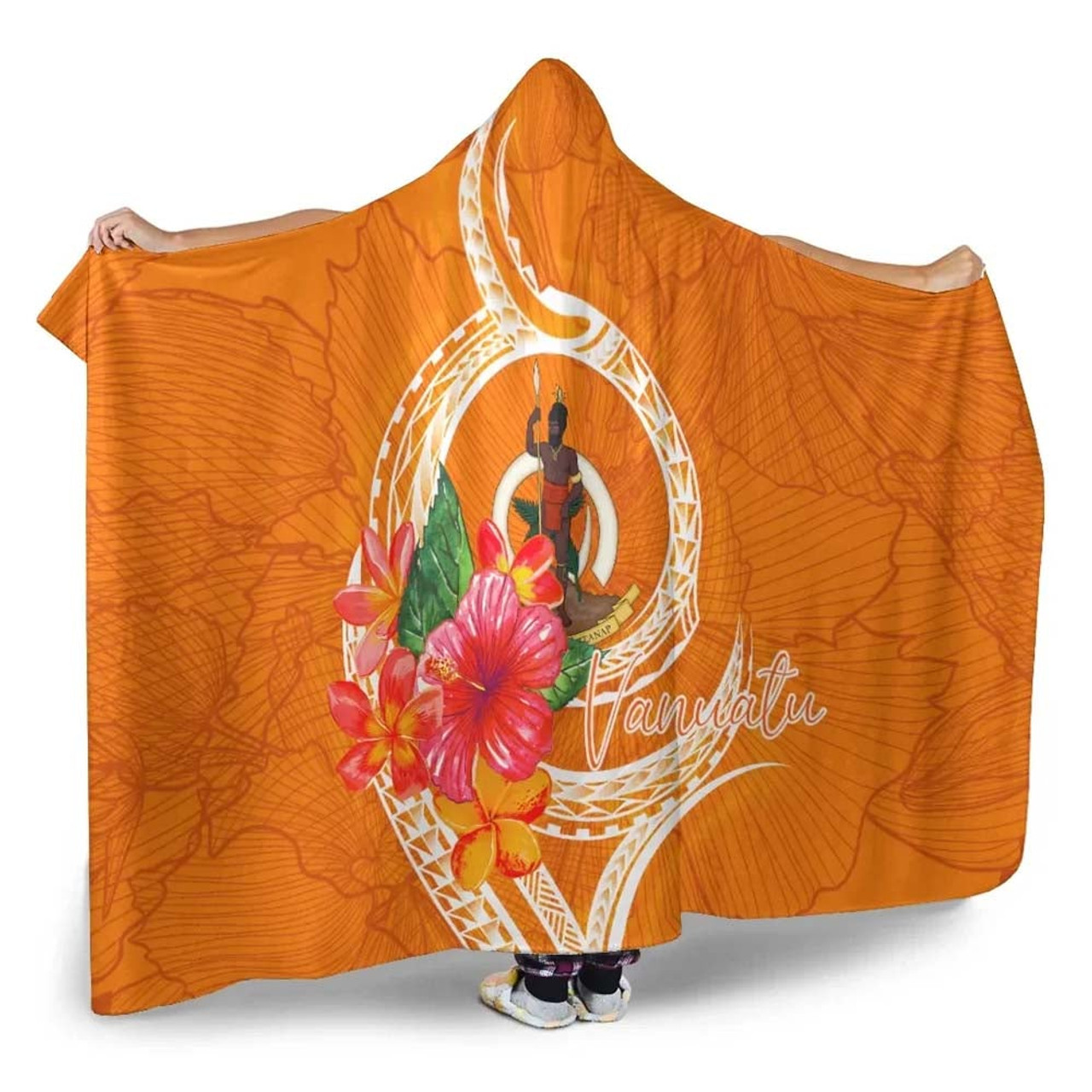 Vanuatu Polynesian Hooded Blanket - Orange Floral With Seal 3