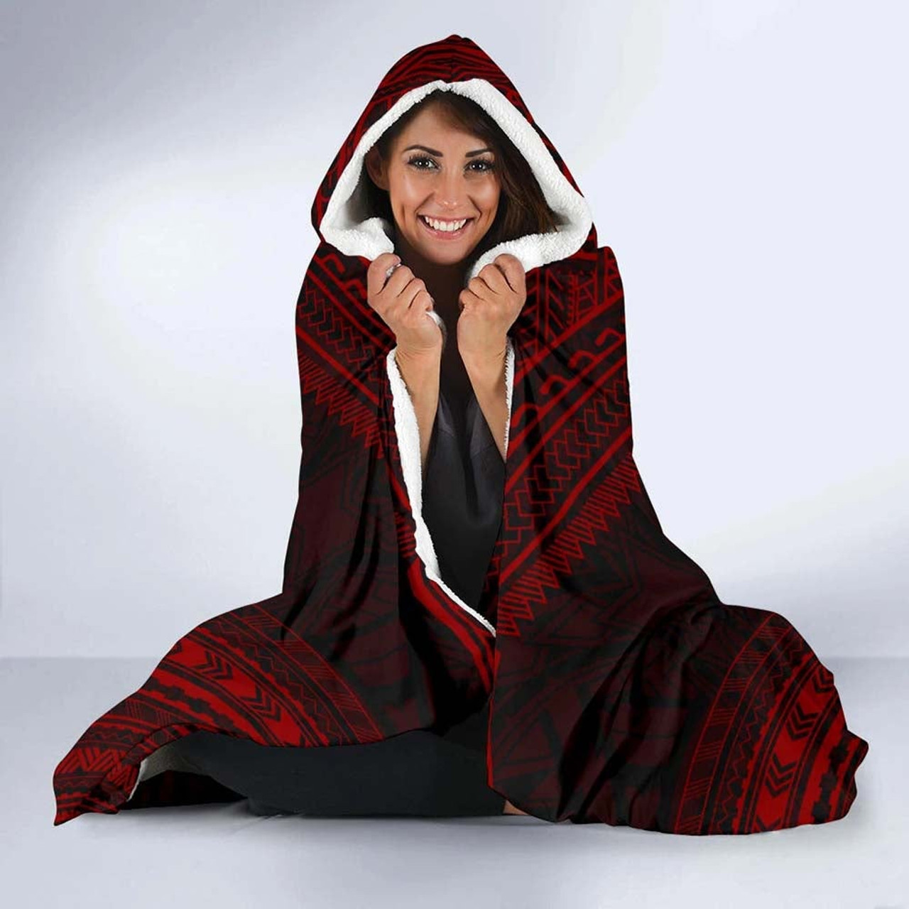 Austral Islands Polynesian Chief Hooded Blanket - Red Version 3