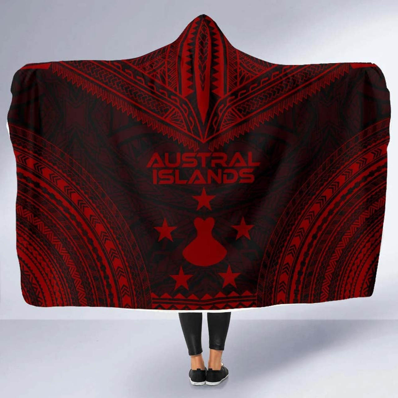 Austral Islands Polynesian Chief Hooded Blanket - Red Version 5