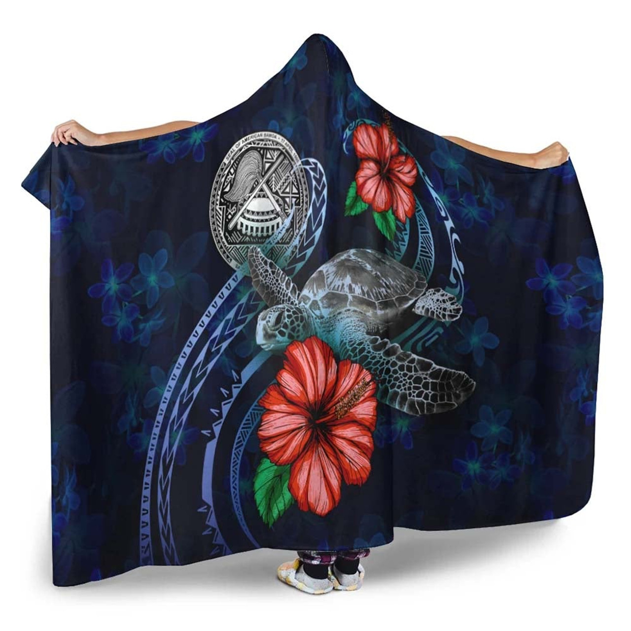 American Samoa Polynesian Hooded Blanket - Blue Turtle Hibiscus 2