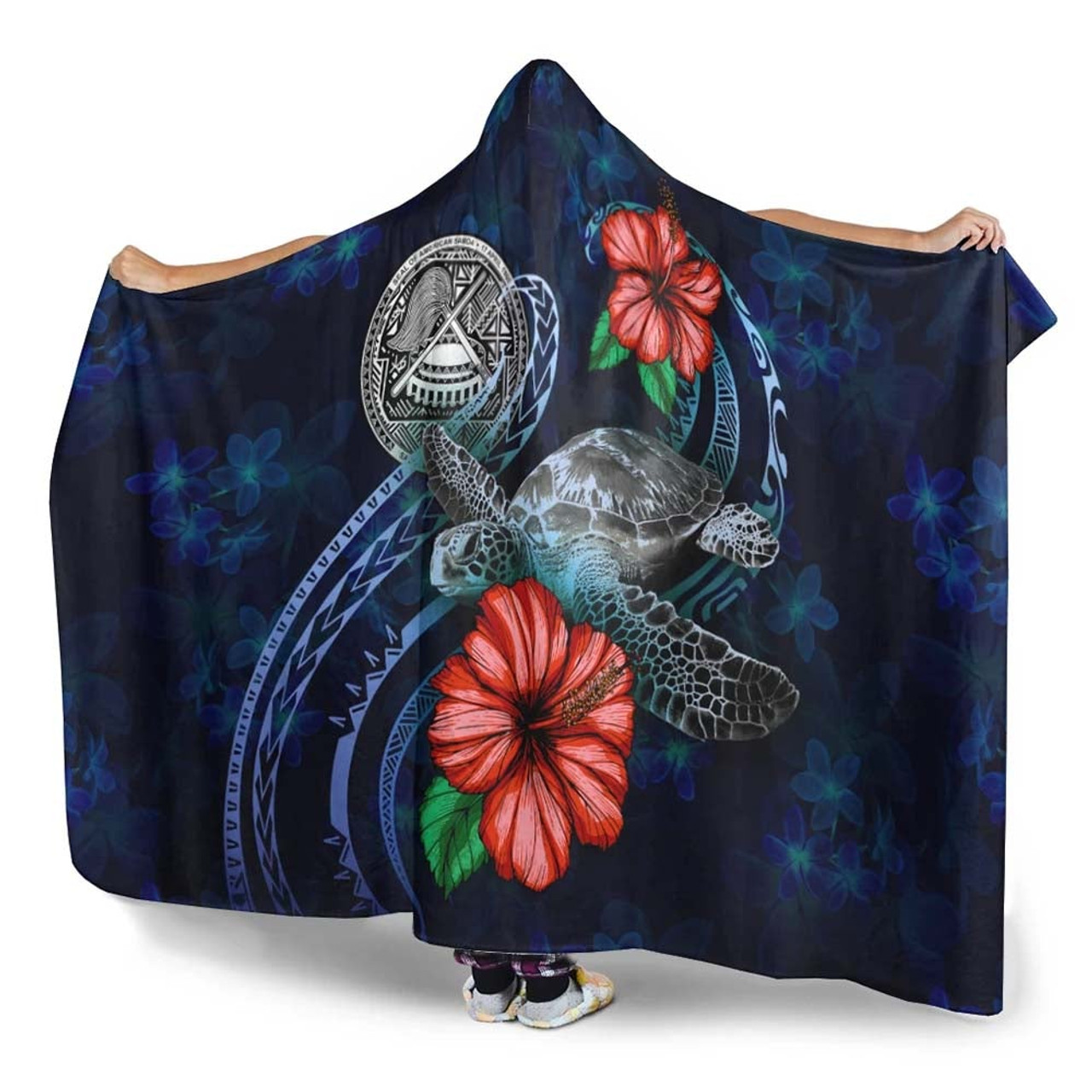 American Samoa Polynesian Hooded Blanket - Blue Turtle Hibiscus 3