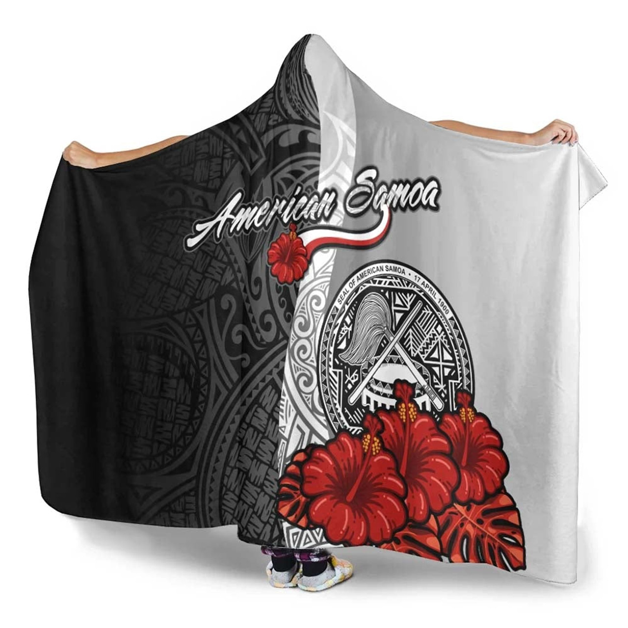 American Samoa Polynesian Hooded Blanket- Coat Of Arm With Hibiscus White 3