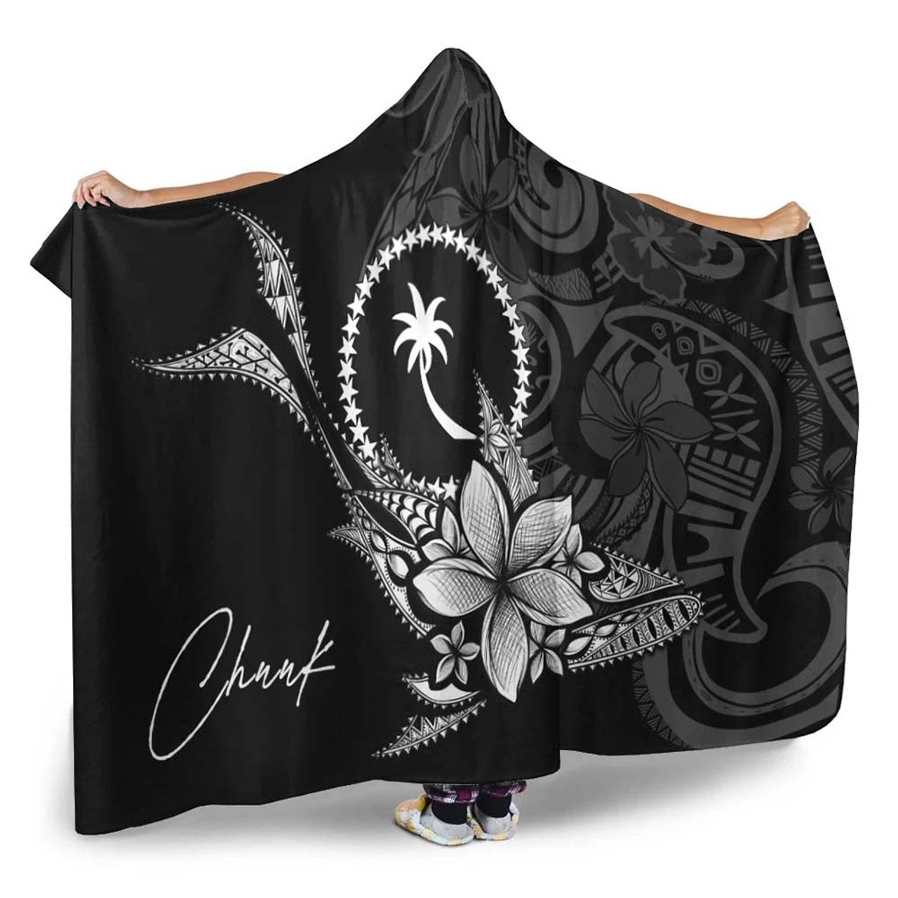 Chuuk State Hooded Blanket - Fish With Plumeria Flowers Style 2