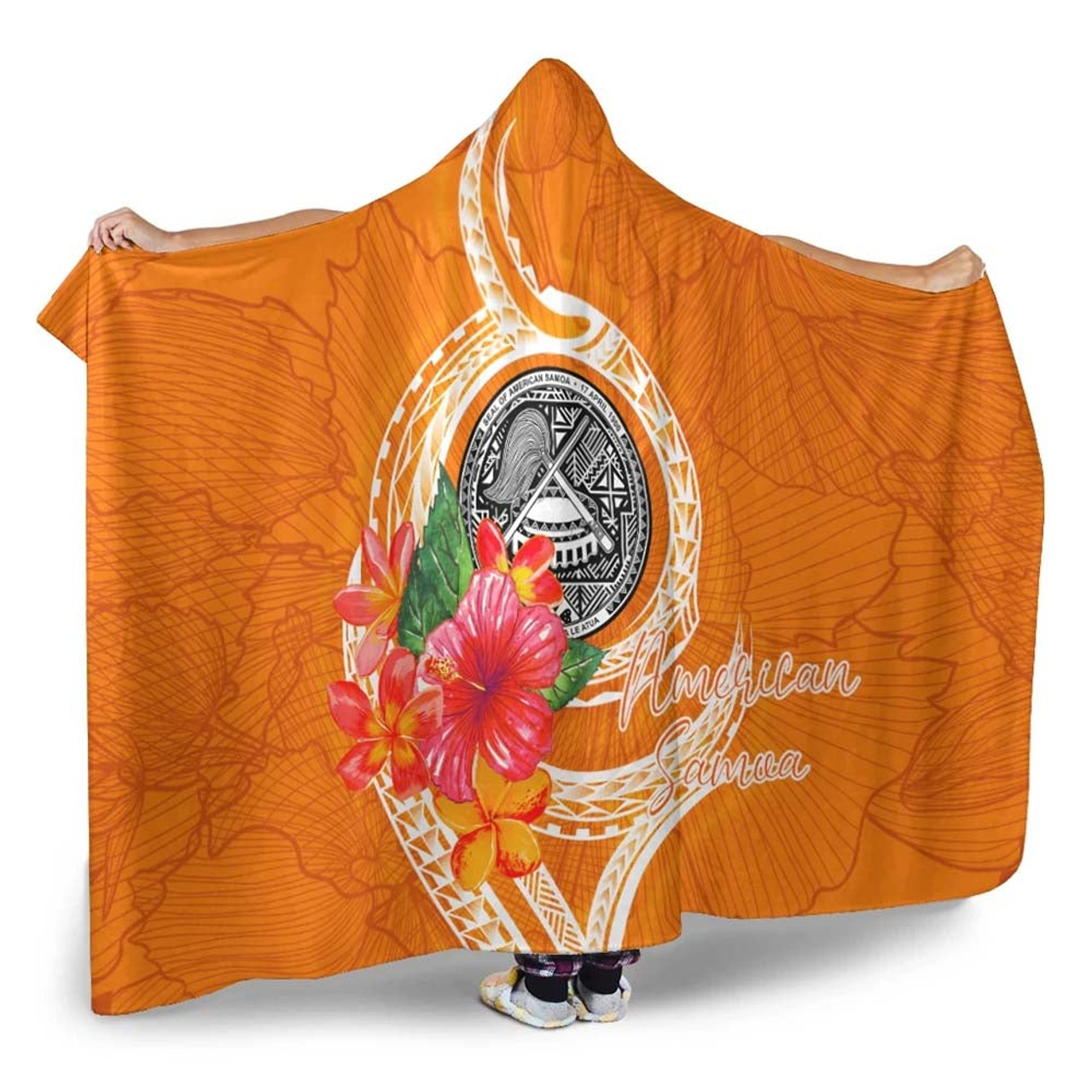 American Samoa Polynesian Hooded Blanket - Orange Floral With Seal 3