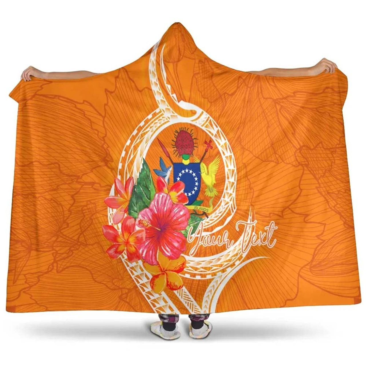 Cook Islands Polynesian Custom Personalised Hooded Blanket - Orange Floral With Seal 1